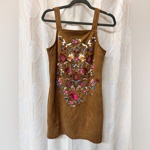 Abercrombie & Fitch Brown faux suede Floral Embroidered Mini Dress